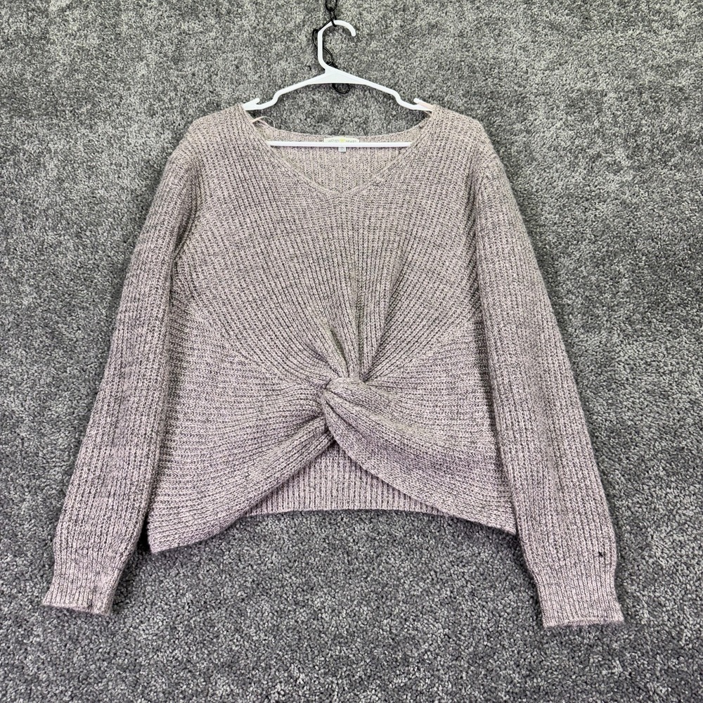 Woven Heart Sweater Womens Large Gray V Neck Twist Front Knit Pullover Casual